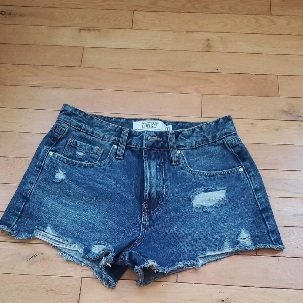 Refuge Blue Distressed High-Waisted Jean Shorts